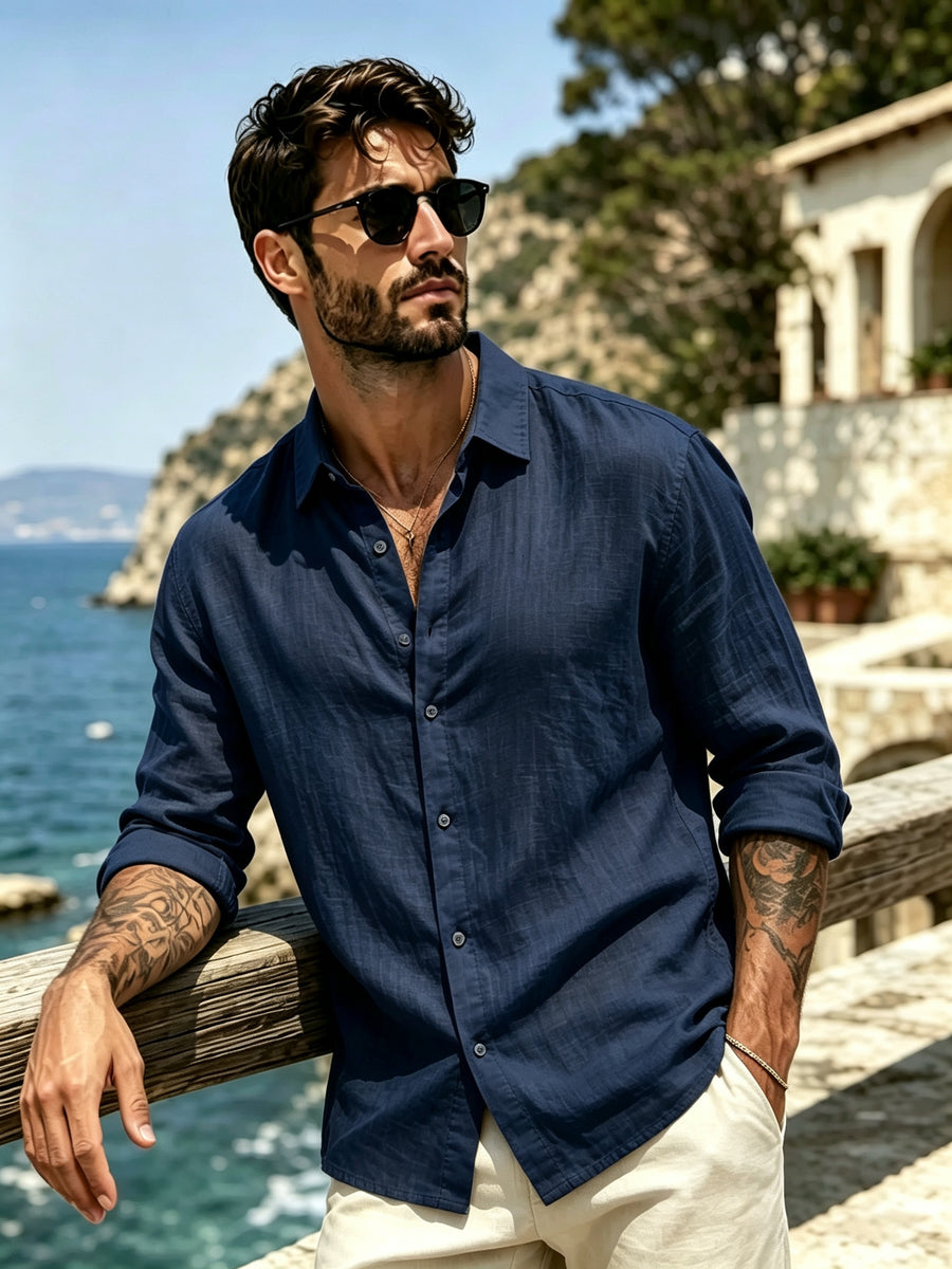 Men's Outdoor Button-Up Long Sleeve Solid Shirt for Back-to-School Season, Regular Fit Suitable for Daily Wear in Spring and Autumn - Navy Color