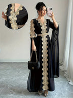 DJ0518185 Integrated Exquisite Golden Embroidery Mesh Outer Wrap Dress, Luxurious Elegant Temperament, "Golden Embroidery" Highlights Golden Embroidery Element - Black