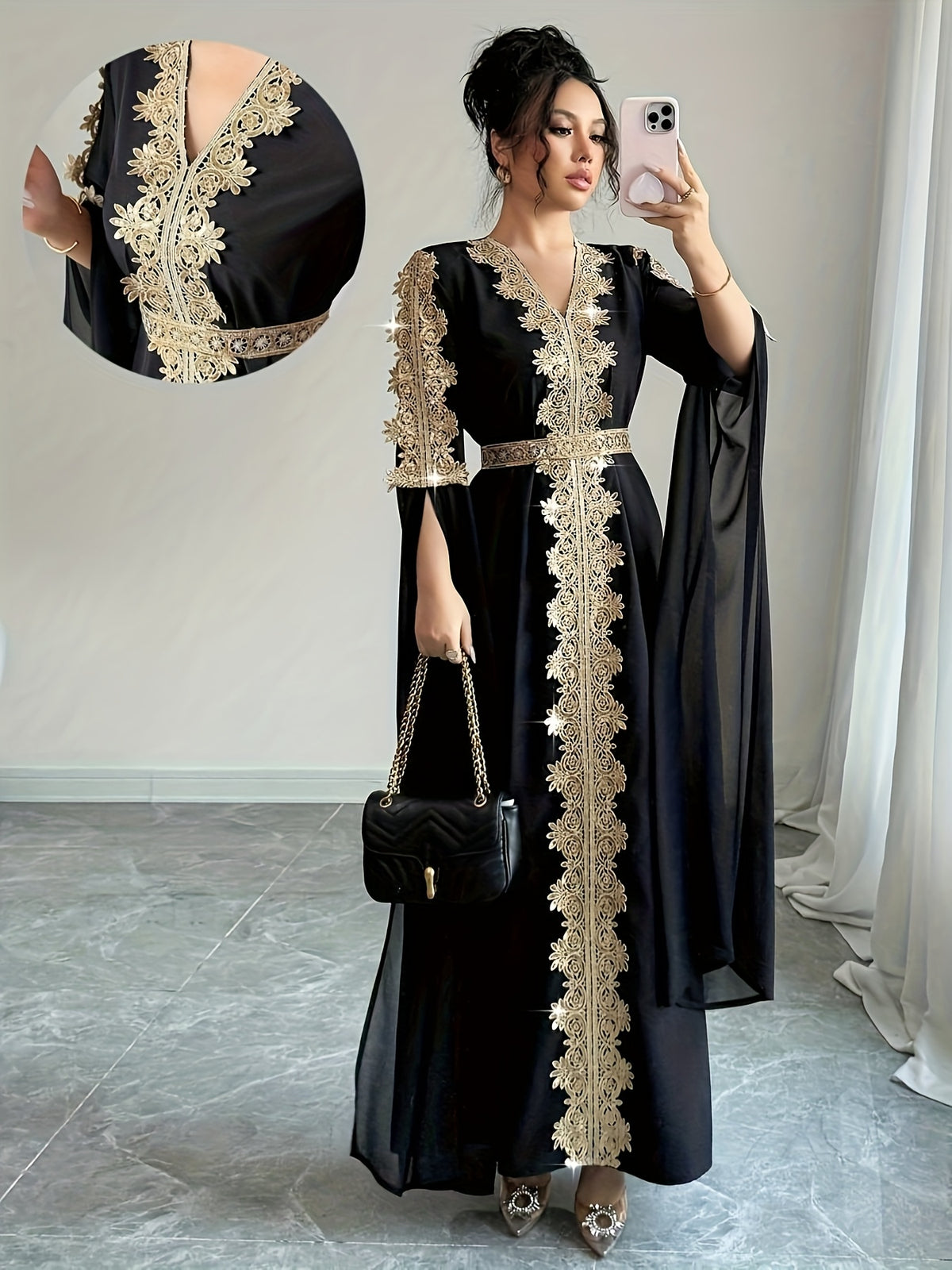 DJ0518185 Integrated Exquisite Golden Embroidery Mesh Outer Wrap Dress, Luxurious Elegant Temperament, "Golden Embroidery" Highlights Golden Embroidery Element - Black