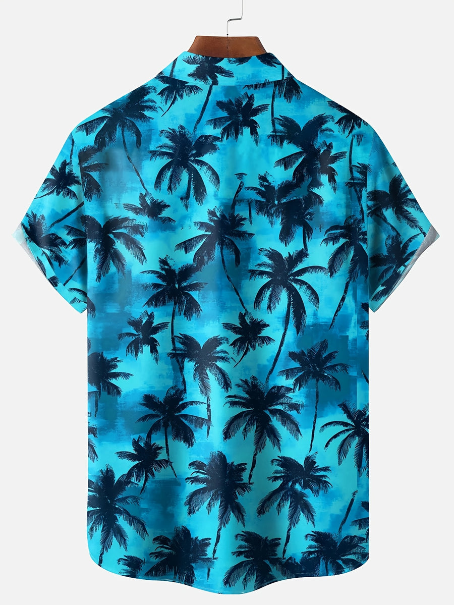 Printed Design Not Textured Hawaiian Coconut Tree Print Men's Button-Up Short-Sleeve Shirt - Peacock Blue
