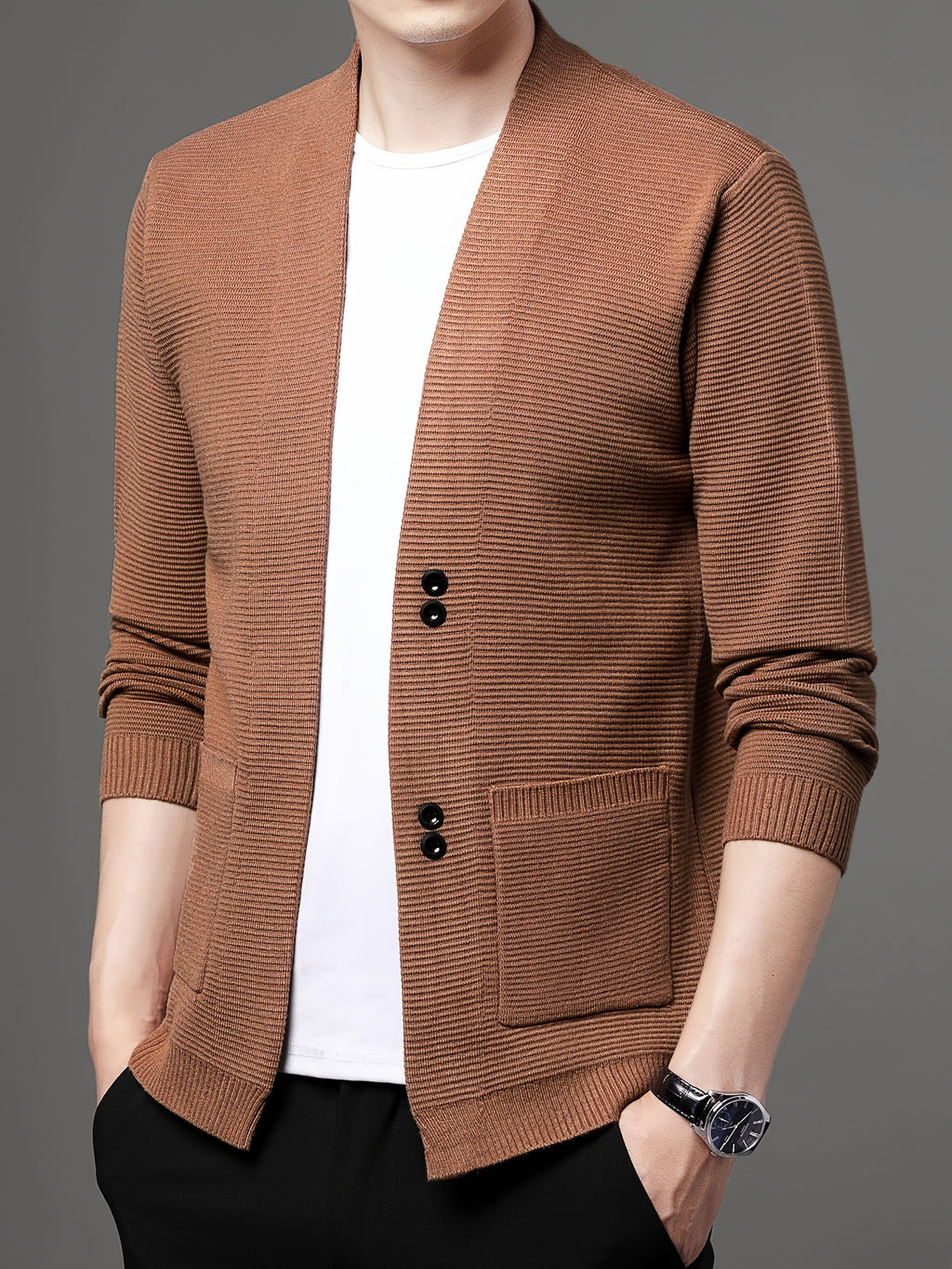 [Wading Whale OBM] Spring/Summer New Men'S Knit Cardigan, Old Money Style Solid Color V-Neck Long Sleeve Open Front Sweater Jacket with Single Button Closure And Side Pockets, Suitable for Spring And Autumn Layering Or Outerwear - Rust