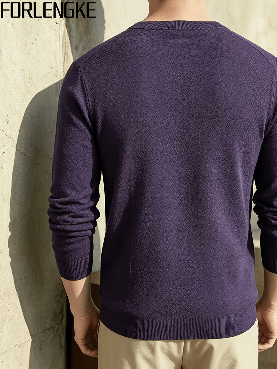 FORLENGKE Men's Casual Commuter-style Checkered Knit Sweater with Checkered Jacquard, Soft and Breathable Knit Fabric, Classic Crew Neck Long-sleeve Pullover Style, Suitable for Various Outfit Occasions, Autumn and Winter Daily Casual Men's Top - Purple