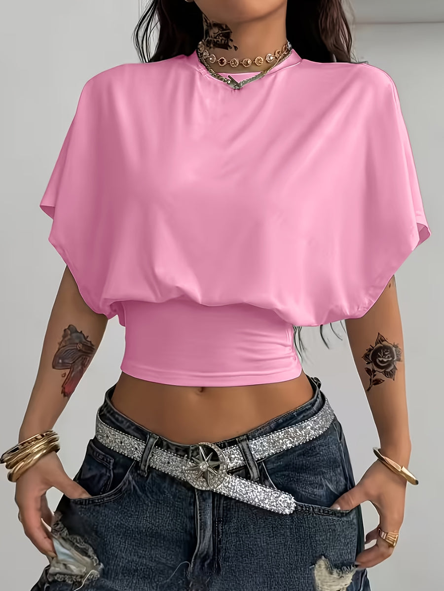 BK260403040 Women's Fashion Spring/Summer New Arrival, Stylish and Elegant, Solid Color No Print, Casual Versatile Waist-Cinching T-Shirt, Essential Basic Style—Suitable for Daily Spring/Summer Wear,, Beach, Vacation, and Home - Pink
