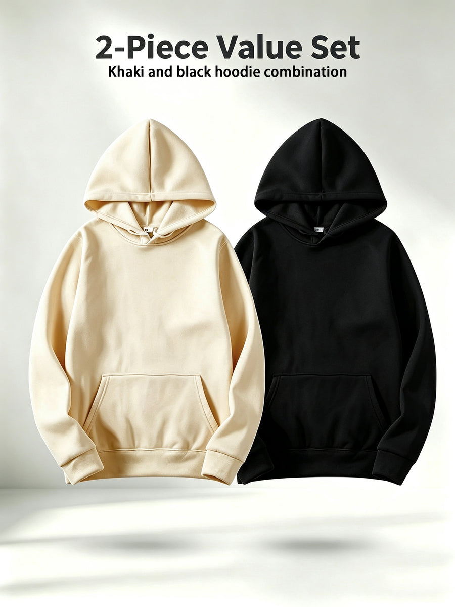 Discount 2pcs Solid Color Basic Hoodie Men'S Loose All-Match Drop Shoulder Long Sleeve Top Casual Pullover Sweatshirt - Khaki + Black