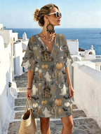 Retro Light Luxury V-Neck Short Sleeve Dress, Castle Ghost Pumpkin Dark Print, Relaxed Loose Cut, Good Drape Breathable Fabric, Atmospheric Holiday Wear, Vacation Travel, Themed Parties, Premium And Relaxed Top - Mixed colors