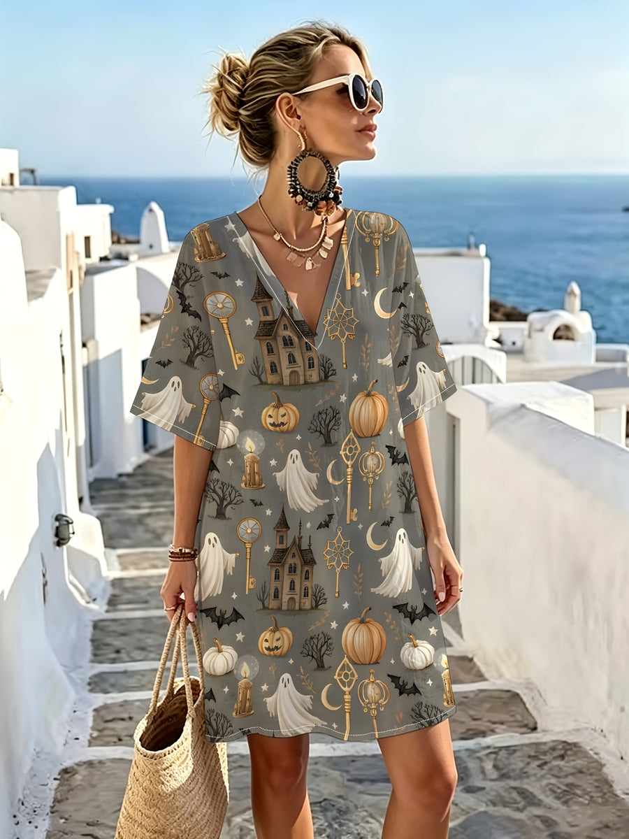 Retro Light Luxury V-Neck Short Sleeve Dress, Castle Ghost Pumpkin Dark Print, Relaxed Loose Cut, Good Drape Breathable Fabric, Atmospheric Holiday Wear, Vacation Travel, Themed Parties, Premium And Relaxed Top - Mixed colors