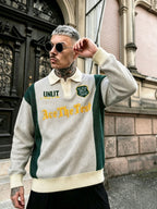 Men's Green & White Contrast Button-Up Lapel Polo Sweater - Textured Knit Loose Fit Sweater Suitable for Commuting, Parties, Casual Streetwear | Hand Washable Fall Winter Warmth, Collegiate Style Button Collar Top - Light Grey