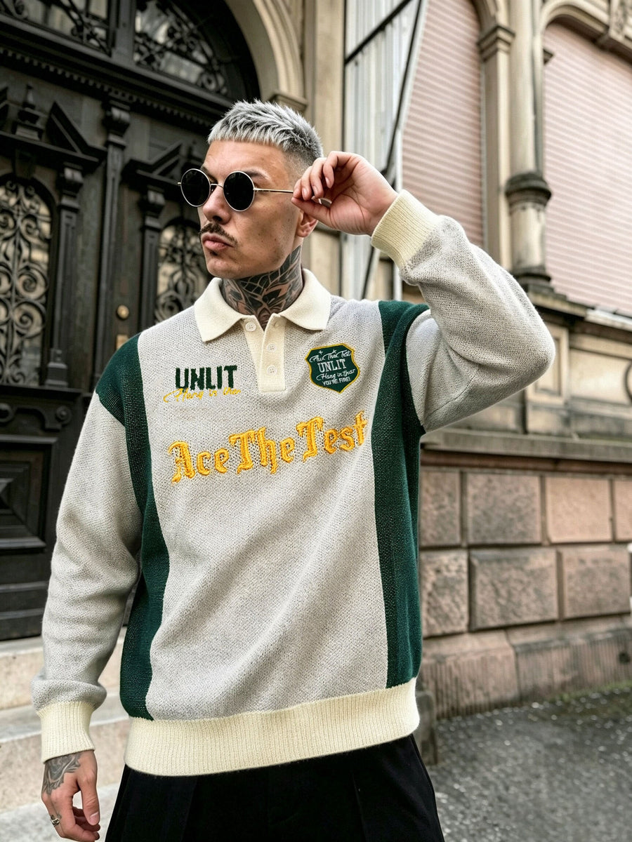 Men's Green & White Contrast Button-Up Lapel Polo Sweater - Textured Knit Loose Fit Sweater Suitable for Commuting, Parties, Casual Streetwear | Hand Washable Fall Winter Warmth, Collegiate Style Button Collar Top - Light Grey