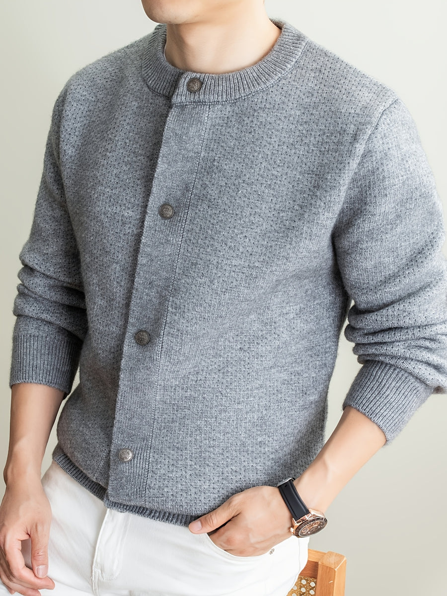 [Wading Whale OBM] 1pc Autumn Winter New Men'S Knit Cardigan, Old Money Style Textured Solid Color Round Neck Open Front Single Button Long Sleeve Sweater Base Layer Top, Men'S Casual Fashion, Suitable for Autumn And Winter Wear, Fits Daily Commute - Grey