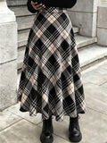 Elegant Plaid A-Line Skirt | Long Length, Flared Hem, Loose Fit For Women, Suitable For Spring/Fall Season - Khaki Black