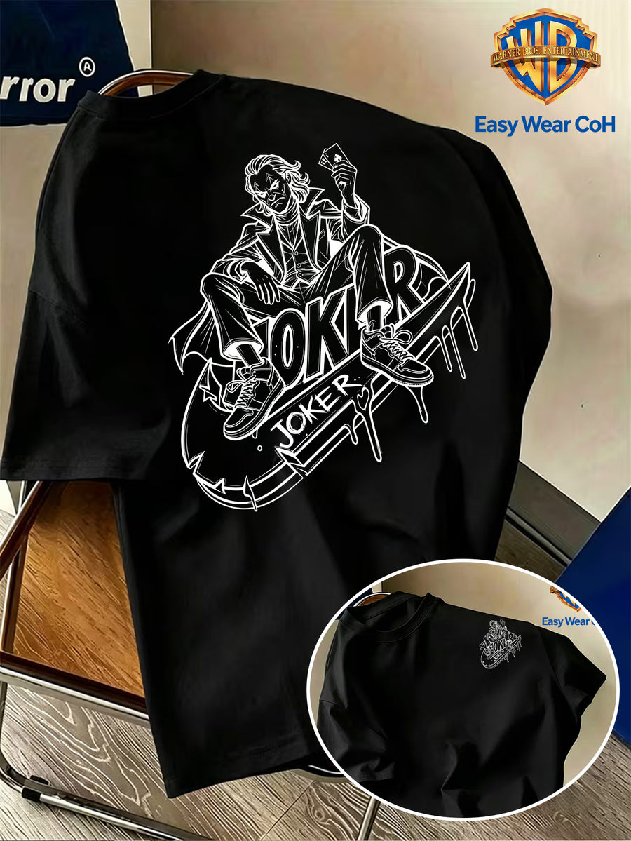 Warner Bros. Official New Academic Style Men's Short-Sleeve T-Shirt, Featuring a Unique Graffiti-style Line Sketch Drip-paint Design with a Long, Flowing Graphic and a Creative Niche JOKER Clown Print. The Distinctive Design Is Hard to Replicate - Black