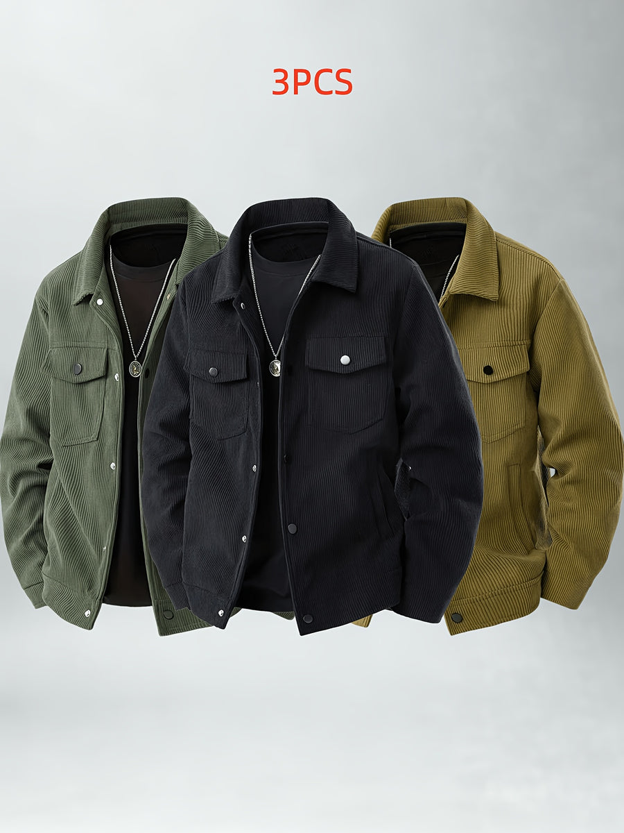 Casual Corduroy Work Jacket 3pcs Set Youth Daily Outing Lapel Top - Black + Army Green + Khaki