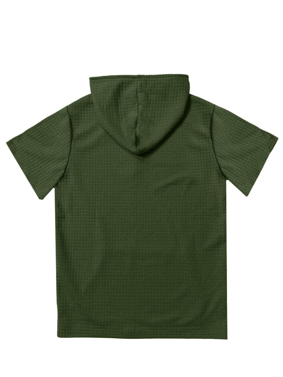 Men's Short-Sleeve Hoodie with Plaid Texture - Solid Color Hooded, Machine Washable Summer Casual Wear Suitable for Daily Outings, Gifts, Commemorative Present for Friends, Versatile Layering for Warmth (Regular Fit) - Olive Green