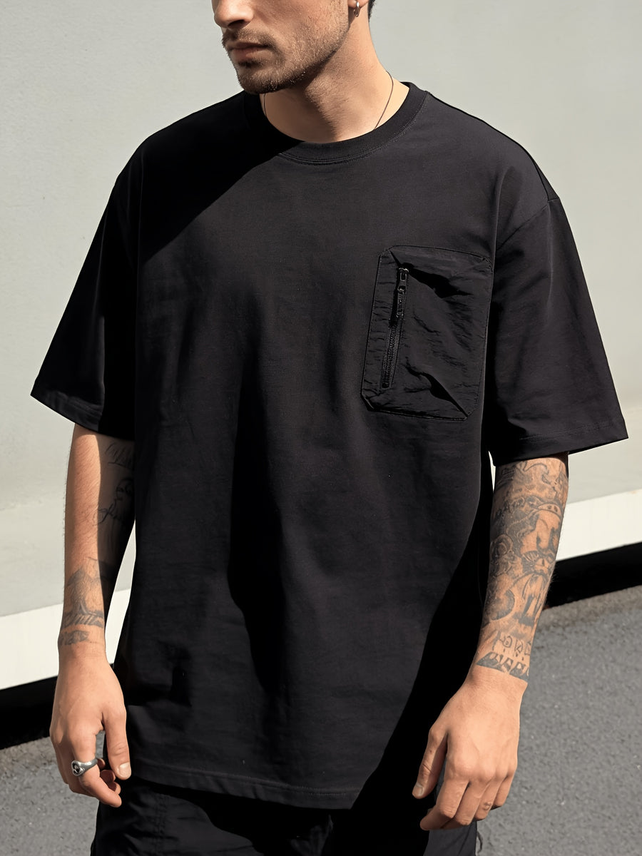 1PS Men's American Workwear Style Short Sleeve T-Shirt with Contrast Zipper Pockets, Loose Fit for Summer Daily Wear, Men's Vintage Short Sleeve T-Shirt with Zipper Patch Pocket, Heavyweight, Loose Fit, Versatile Summer Outdoor Casual Top - Black