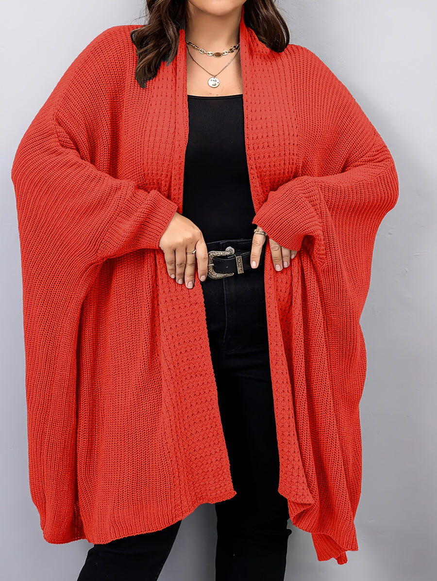 Plus Size, Plus Size Women's Batwing Sleeve Solid Open Front Cardigan - Tangerine