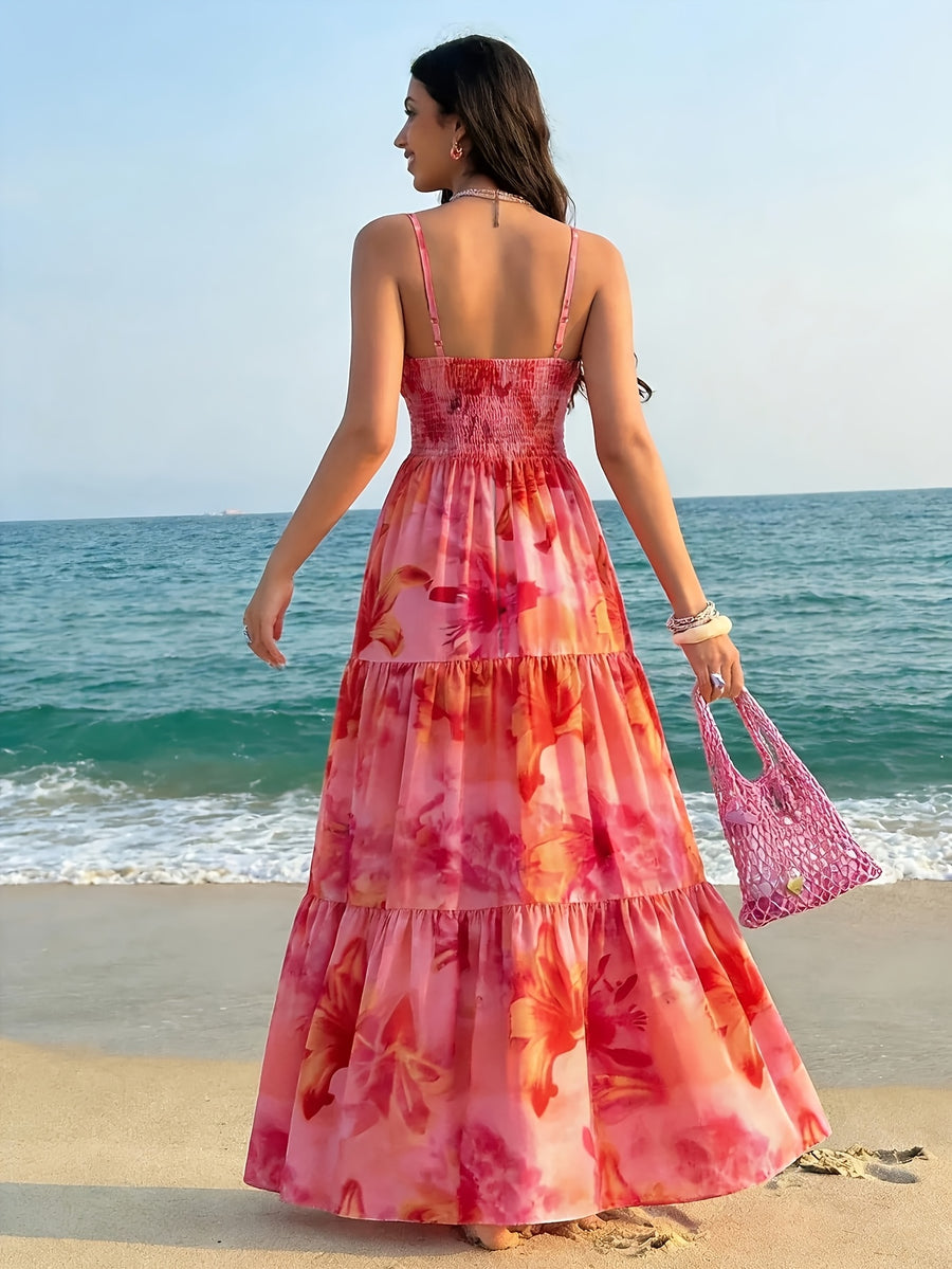 New Women's Elegant Printed Romantic Cinched Waist Layered Midi Dress - Mixed colors