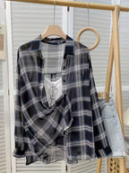 Chiffon Plaid Print Sheer Blouse Top Sunscreen Shirt - Navy Color