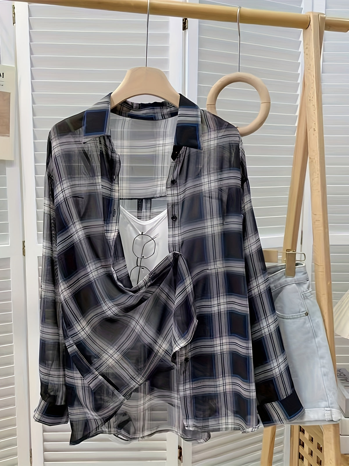 Chiffon Plaid Print Sheer Blouse Top Sunscreen Shirt - Navy Color