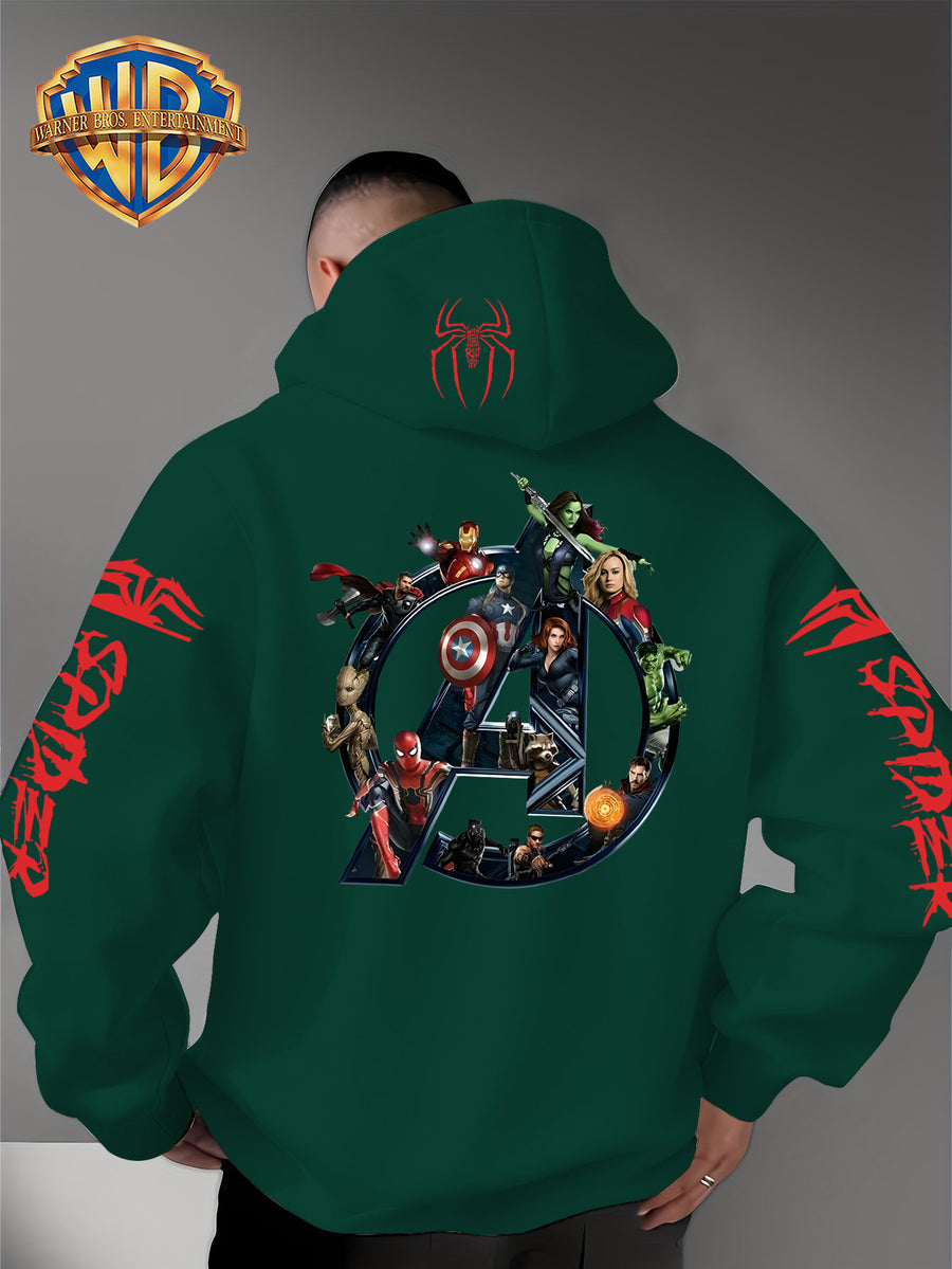 Men'S Trendy Fall Hoodie, American Superhero Collection Print Hooded Sweatshirt, Unisex Loose Street Style Casual Top. Casual Daily Style with Drawstring Design, Long Sleeve Knit Sweater, Machine Washable, Perfect for Casual, Athletic - Green