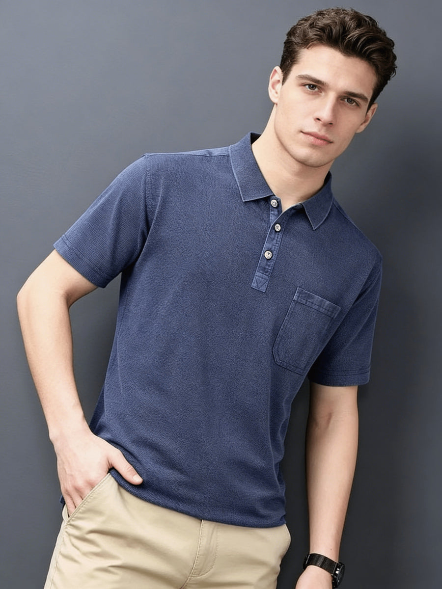 Mid-Age Men'S Washed Distressed Vintage T-Shirt Polo Shirt Top Solid Casual Top British Style with Pocket - Blue