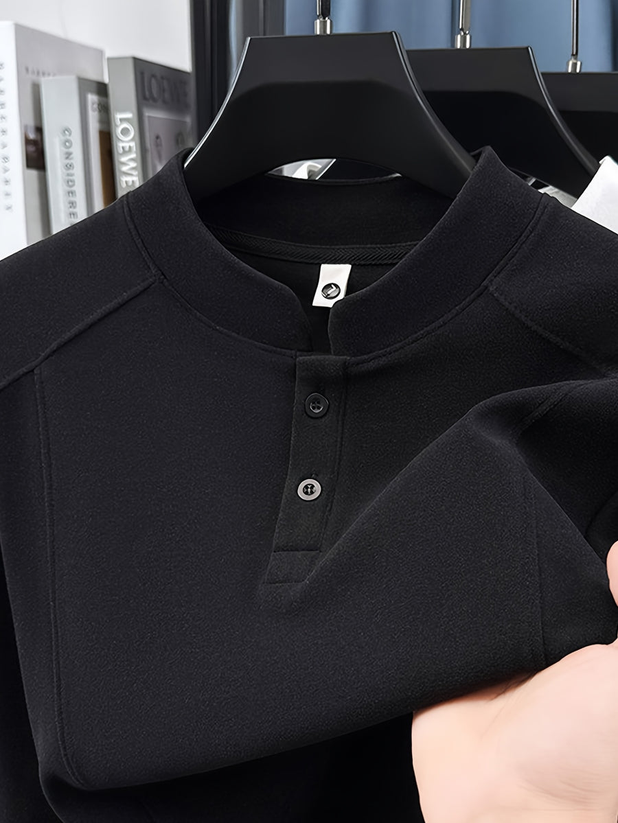 Men's Henley Neck Long Sleeve Base Layer Shirt, Slim Fit but Not Tight, Suitable for Middle-Aged Men, with a Light Business-Casual Vibe. -SINBOS - Black