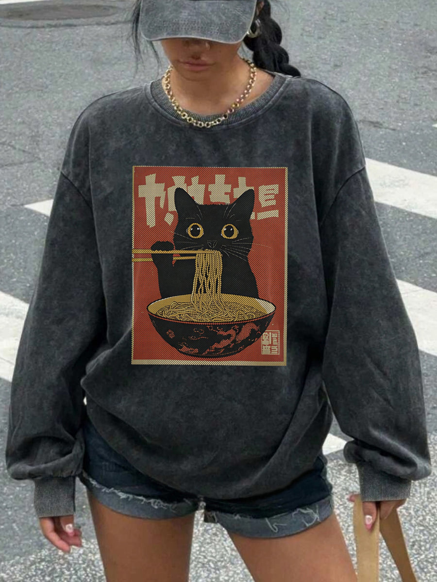 Cat Printed Casual Retro Women's Washed Round Neck Hoodie for Autumn and Winter - Deep Grey