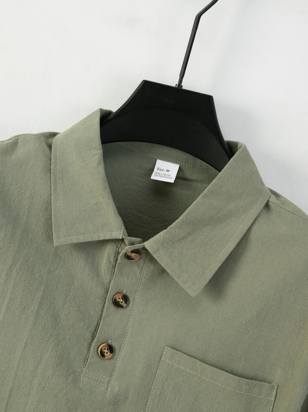 95% Linen Long Sleeve Polo Shirt Fall Winter Midweight Crinkle Texture 3 Wooden Buttons Single Chest Pocket Lapel Casual Top - Military Green