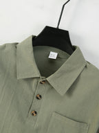 95% Linen Long Sleeve Polo Shirt Fall Winter Midweight Crinkle Texture 3 Wooden Buttons Single Chest Pocket Lapel Casual Top - Military Green