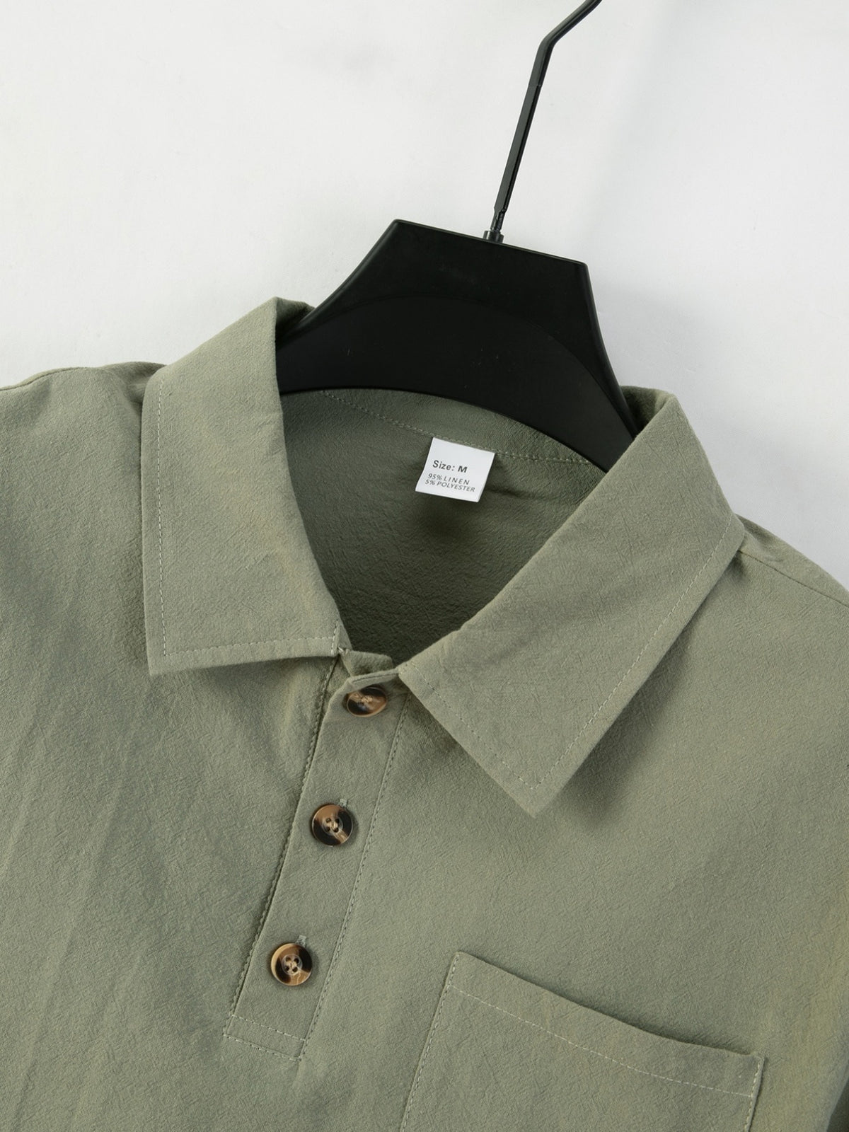 95% Linen Long Sleeve Polo Shirt Fall Winter Midweight Crinkle Texture 3 Wooden Buttons Single Chest Pocket Lapel Casual Top - Military Green