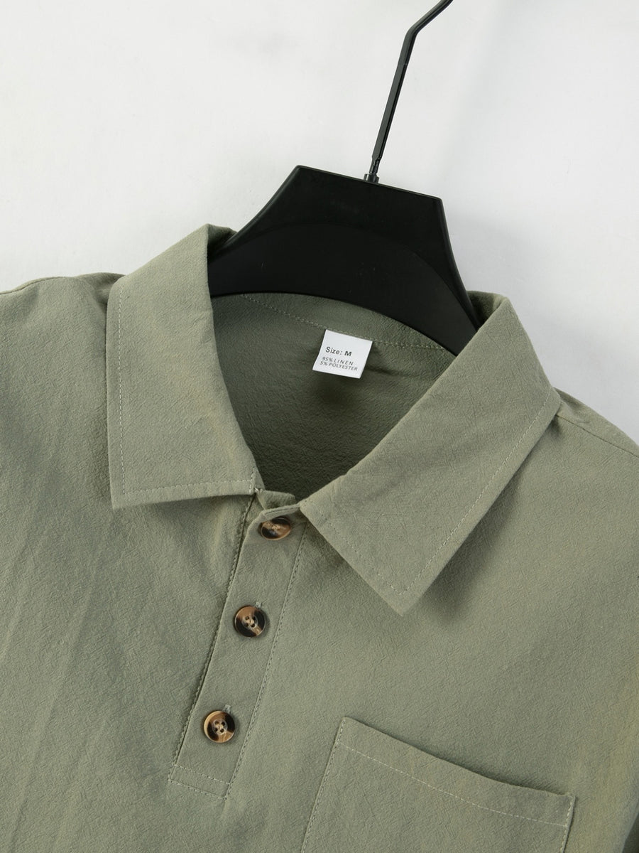 95% Linen Long Sleeve Polo Shirt Fall Winter Midweight Crinkle Texture 3 Wooden Buttons Single Chest Pocket Lapel Casual Top - Military Green