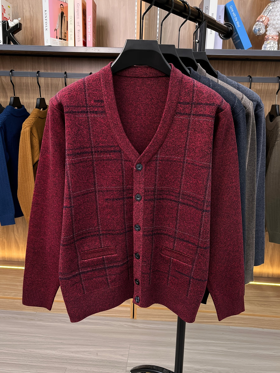 Men'S Autumn Winter Easy Knit Cardigan Warm Plaid Casual Jacket - Burgundy