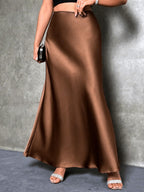 Women'S Elegant Slit Maxi Skirt - Satin Texture Christmas & Valentine'S Day Date Outfit, Suitable for Winter Holiday Parties & Office, Machine-Washable Luxury Design, High-End And Temperament-Enhancing with Festive Charm - Brown