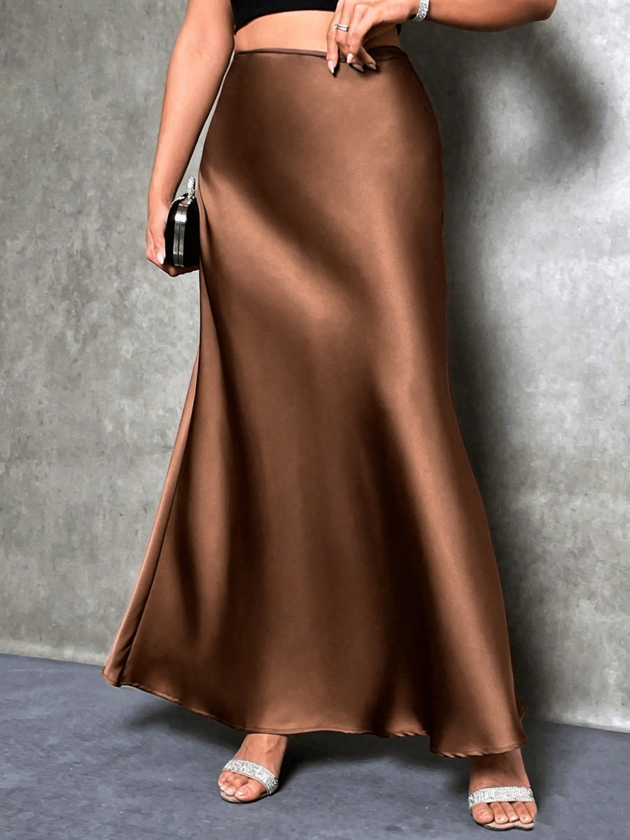 Women'S Elegant Slit Maxi Skirt - Satin Texture Christmas & Valentine'S Day Date Outfit, Suitable for Winter Holiday Parties & Office, Machine-Washable Luxury Design, High-End And Temperament-Enhancing with Festive Charm - Brown