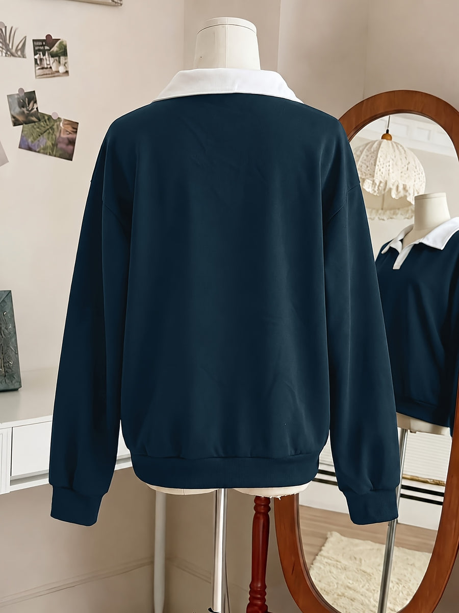 New Arrival with Atmospheric Vibe! V-neck Spliced 2-in-1 Look Polo Collar Casual Sweatshirt, Soft, Skin-Friendly, Loose Fit. Perfect for Street Strolling, Shopping, Dates, and Minimalist Commuting - A Versatile Must-Have Piece - Navy&White