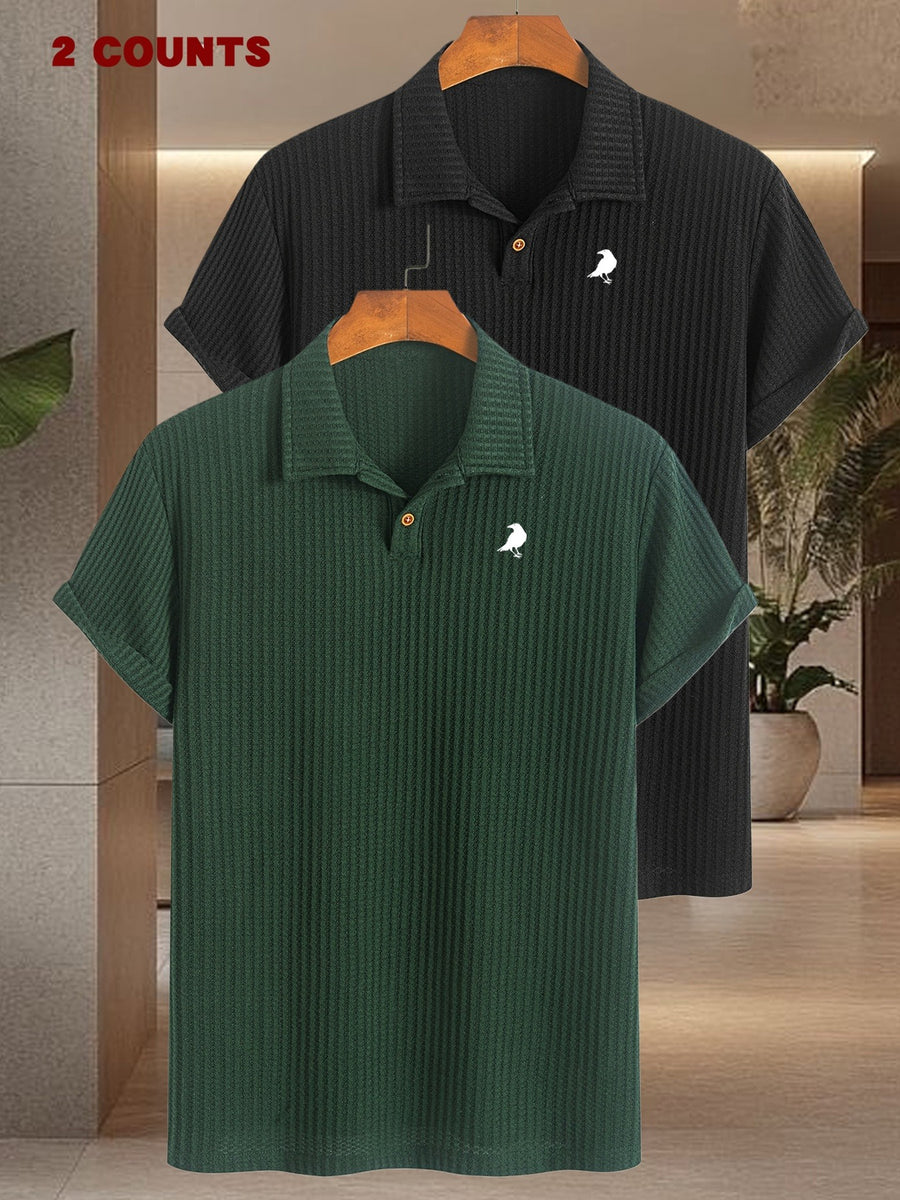 2pcs Set Summer Men'S Textured Jacquard Short Sleeve POLO Shirts | Comfortable Casual Soft Knit Lapel Collar, Ideal for Daily Business Wear - Dark Green + Black