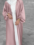 Cross-Border Muslim Women's Satin Bubble Sleeve Robe, Elegant Dubai Middle East Cardigan - Pale Pinkish Gray