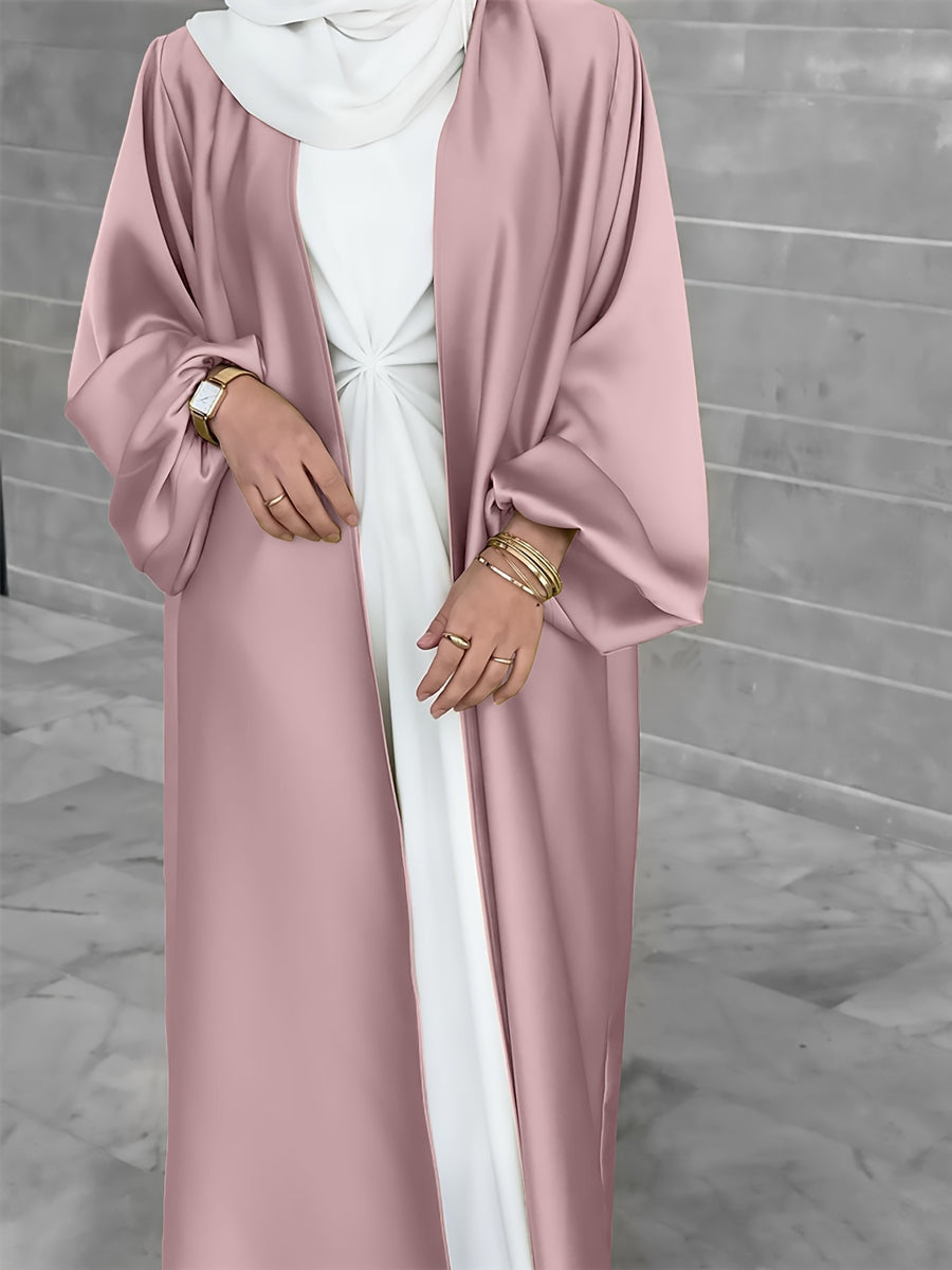 Cross-Border Muslim Women's Satin Bubble Sleeve Robe, Elegant Dubai Middle East Cardigan - Pale Pinkish Gray