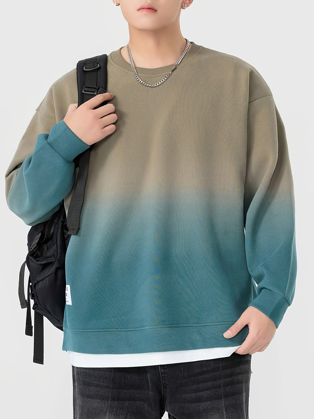 New Autumn Round Neck Sweatshirt, Men's  Gradient Color 2-in-1 Look Hem Sweatshirt, Burgundy Gradient - Gray Green