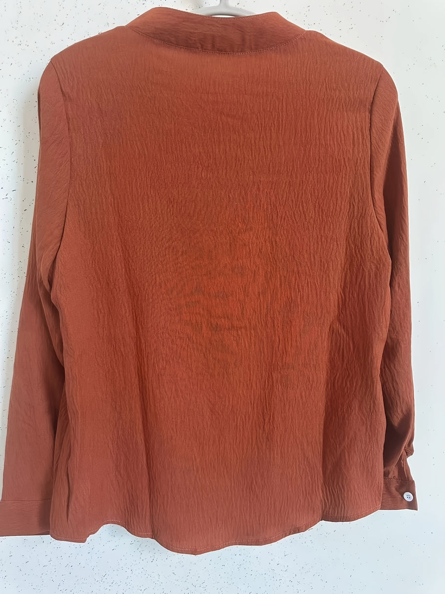 Elegant Special Edition Women'S Blouse - Long Sleeve Button-Up Solid Shirt, Breathable, Comfortable, Soft, Round Neck, Medium Stretch And Machine Washable, Suitable for Office, Commute, Or Formal Events, Refined Casual - Coral