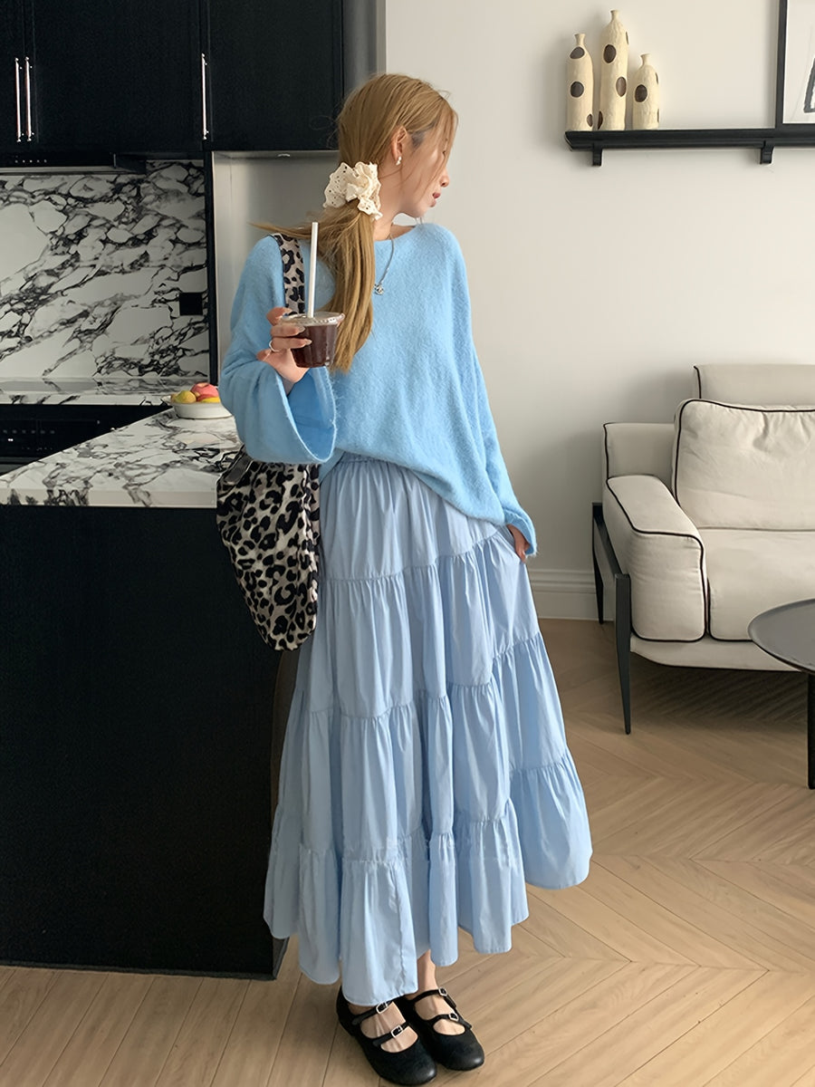 Fashion White French Long Skirt Elastic Adjustable Waistband A-Line Design with Lining Anti-Exposure Half Skirt Women'S - Blue