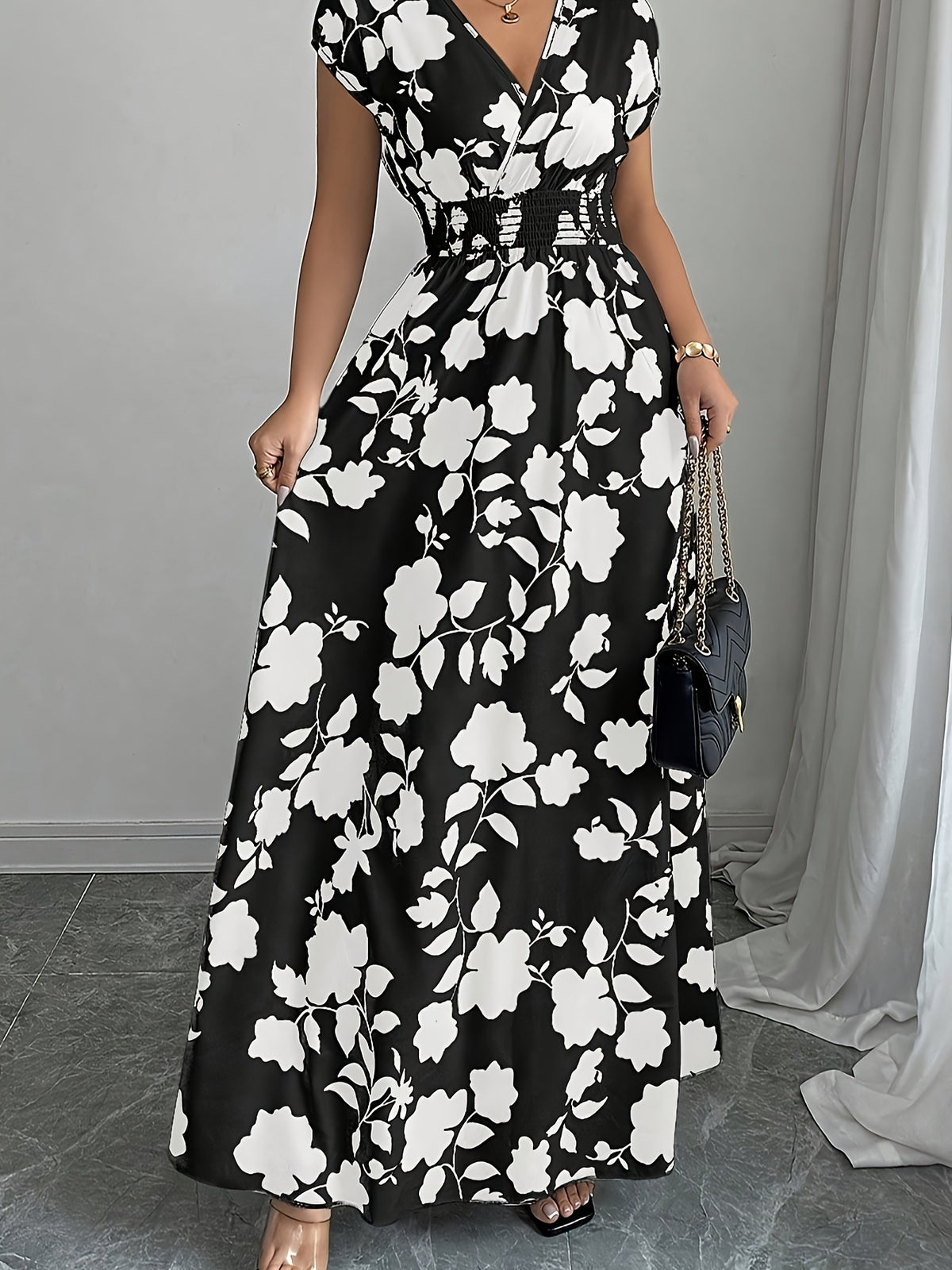 Elegant Pink Floral Maxi Dress with V-Neck and Short Sleeves - Flowing A-Line Silhouette, Cinched Waist, Perfect for Spring/Fall, Casual to Formal Wear, Casual Elegant Wear | Floral Print Dress | Cinched Waist Design - White Flower On Black Background