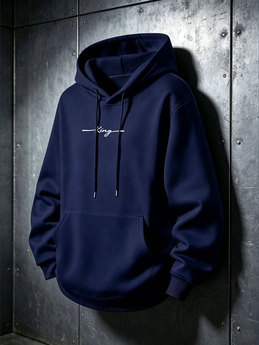 American High Street Handwritten Signature Hooded Sweatshirt for Men, Trendy Casual Pullover Top, Versatile Daily Wear, Slimming Long Sleeve Commuter Hoodie - Navy Color