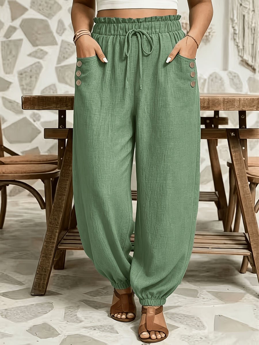 Plus Size - All Seasons Plus Size Beautiful Women'S Casual -Like Rubber High-Waist Scalloped Trim Tie-Pocket Women'S Long Pants, Casual Daily Versatile Vacation Holiday Style - Green