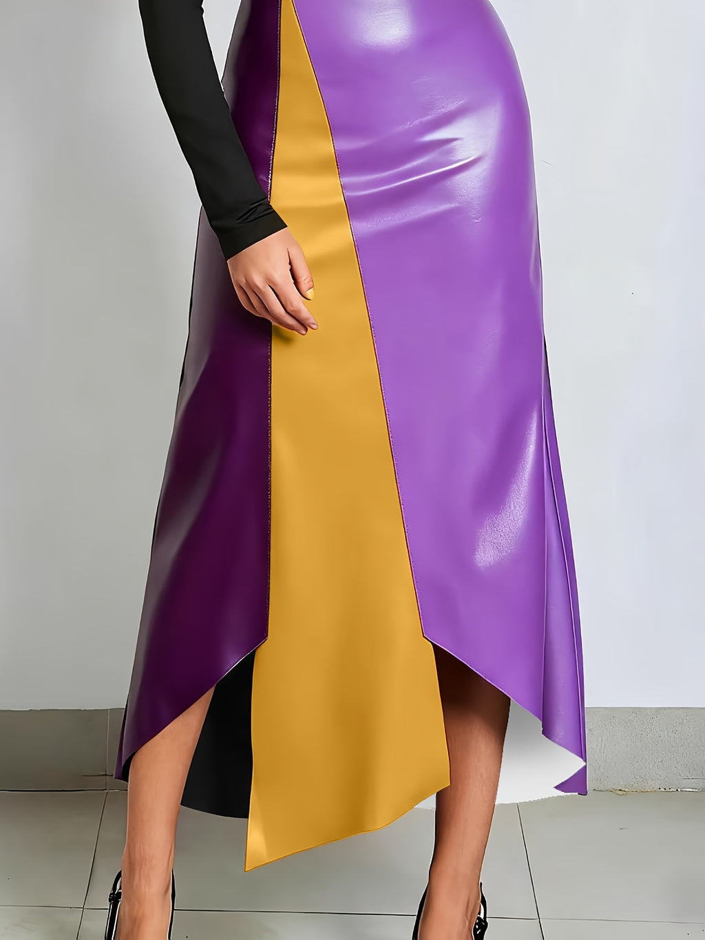 2026 Spring Summer New Arrival Skirt: Irregular Color Block Patchwork, Strong Design Sense, Bodycon Slim Fit Shapes Curves, Minimalist Fashion & Sexy, Y2K Style, Suitable for Casual, & Office Women'S Wear - Contrasting colors of dark purple and yellow