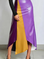2026 Spring Summer New Arrival Skirt: Irregular Color Block Patchwork, Strong Design Sense, Bodycon Slim Fit Shapes Curves, Minimalist Fashion & Sexy, Y2K Style, Suitable for Casual, & Office Women'S Wear - Contrasting colors of dark purple and yellow