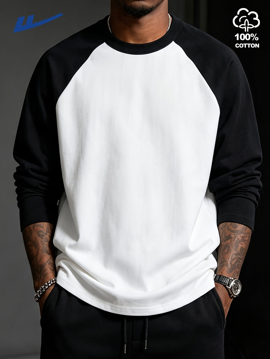 Hualian 100% Contrast Patch Shoulder Long Sleeve T-Shirt Men'S Round Neck Color-Block Casual Spring Autumn Versatile Base Layer - Black