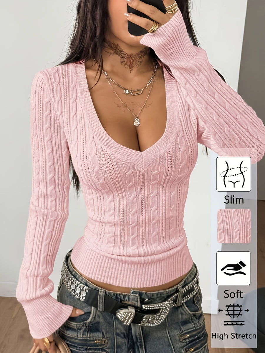 Women'S Spring/Summer Elegant Casual Ribbed V-Neck Long-Sleeved Slim Top - Pink Color
