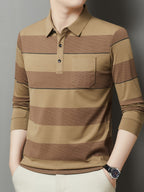 SaXing OBM Men's New Spring/Autumn Polo Shirt, Contrast Color Half-Open Placket Single-Breasted Polo Collar Long Sleeve Pullover Base Layer Top, Suitable for Spring, Summer, Autumn, and Winter Wear, Versatile for Daily and Casual Wear - Khaki 1