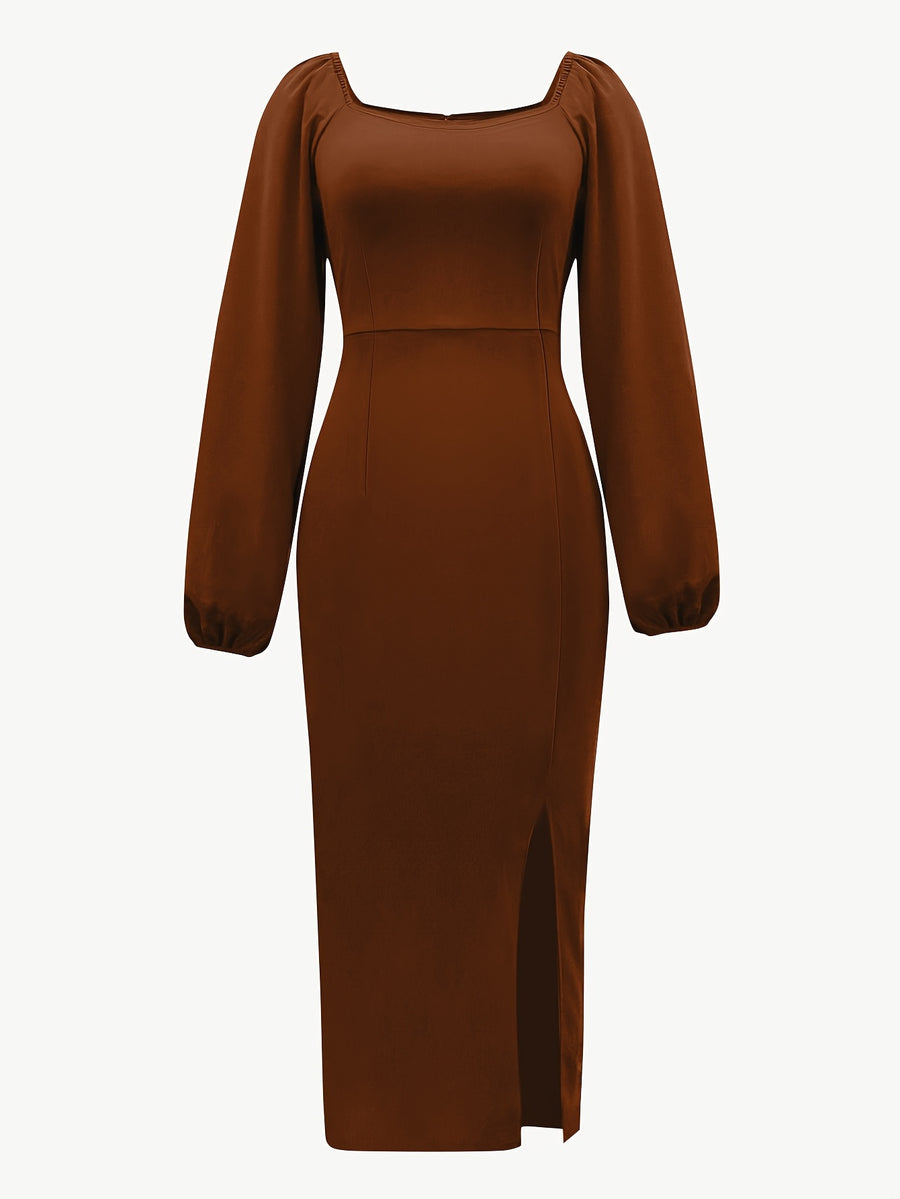 New European and American Style Fashion Slimming Split Long Sleeve Dress Trend - Rust
