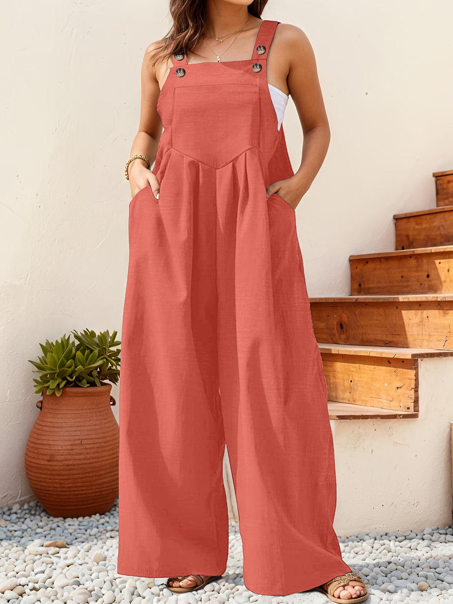 Plus Size - Spring Summer Women'S Plus Size Solid Color Button Bib Jumpsuit - Comfortable Casual Homewear (Front Length with Straps, Measure After Fastening Last Button) - Orange
